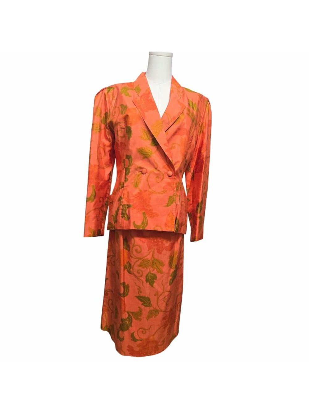 Vintage Mod Fumi Boutique Tokyo Silk Floral Two-Piece Blazer Skirt Orange Green